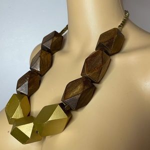 Vintage geometric brown wood and gold large abstract necklace earrings!